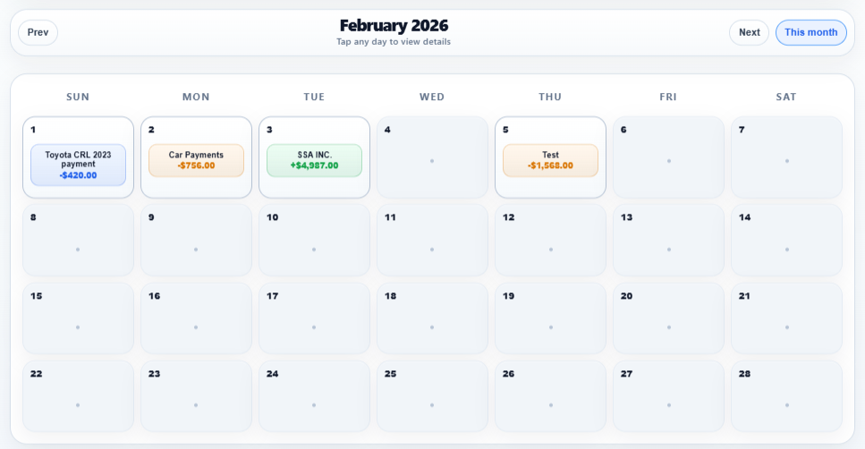 Breaker monthly calendar showing scheduled money events and reminders.